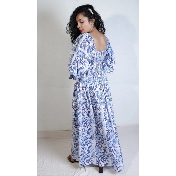 Growkrati Blue Block printed maxi natural fiber cotton Dress bohemian bobbin XXL - Picture 1 of 5